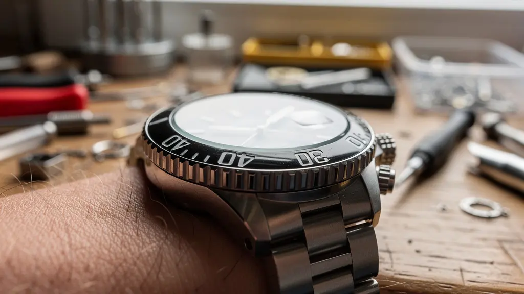 Détail d'une lunette de montre de plongée automatique avec graduations visibles