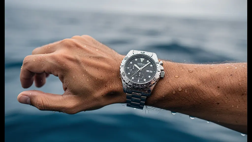 Montre de plongée automatique au poignet d'un plongeur en surface avec gouttelettes sur le cadran