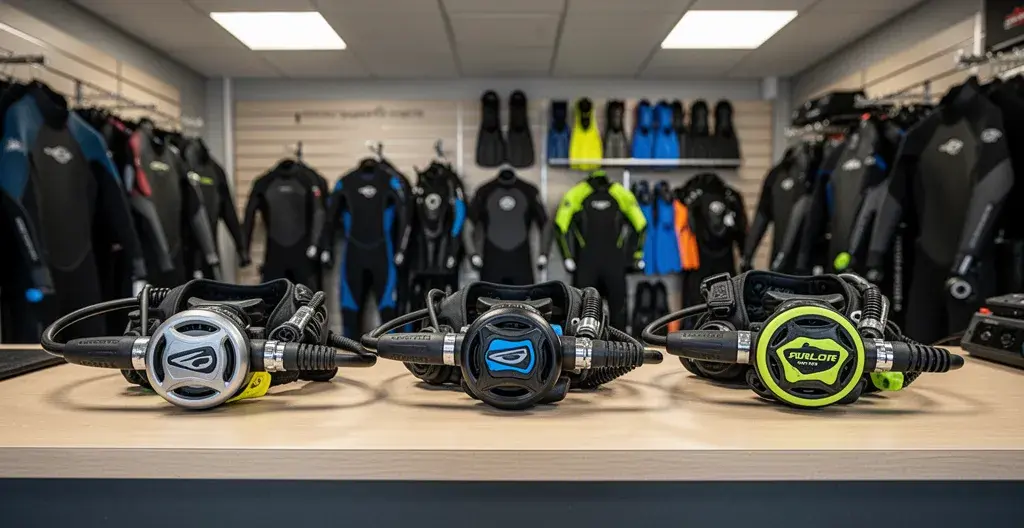 Trois packs détendeurs de plongée exposés sur comptoir pour comparaison