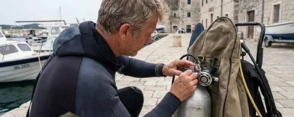 Plongeur vérifiant son détendeur de plongée connecté à un bloc sur un quai