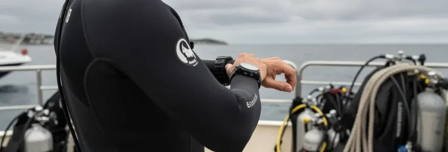 Plongeur vérifiant sa montre de plongée automatique au poignet avant mise à l'eau