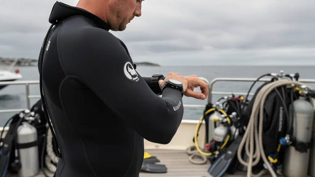 Plongeur vérifiant sa montre de plongée automatique au poignet avant mise à l'eau