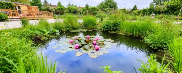 Bassin de jardin avec nénuphars en fleur et plantes aquatiques variées