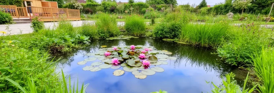 Bassin de jardin avec nénuphars en fleur et plantes aquatiques variées