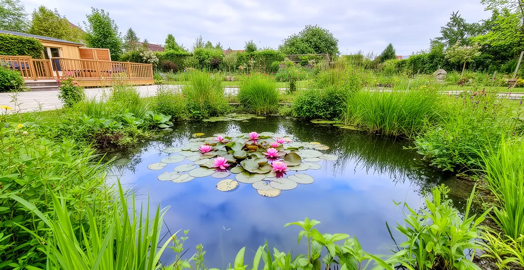 Bassin de jardin avec nénuphars en fleur et plantes aquatiques variées