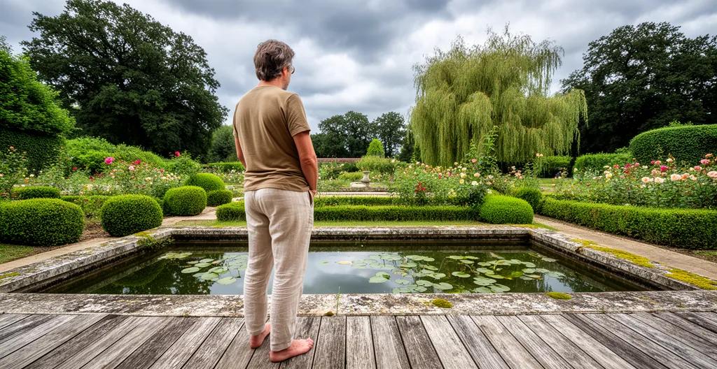 Propriétaire observant son bassin de jardin depuis la terrasse