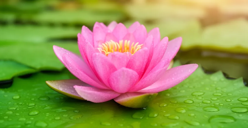Nénuphar en fleur avec gouttes d'eau sur feuille flottante