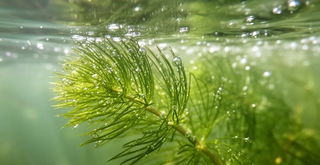 Plantes oxygénantes immergées avec bulles d'oxygène visibles