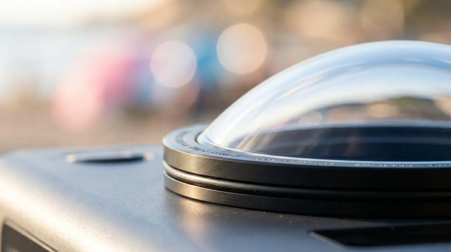 Gros plan détaillé sur la surface courbe d'un dôme en verre optique posé sur une surface blanche avec des reflets lumineux naturels