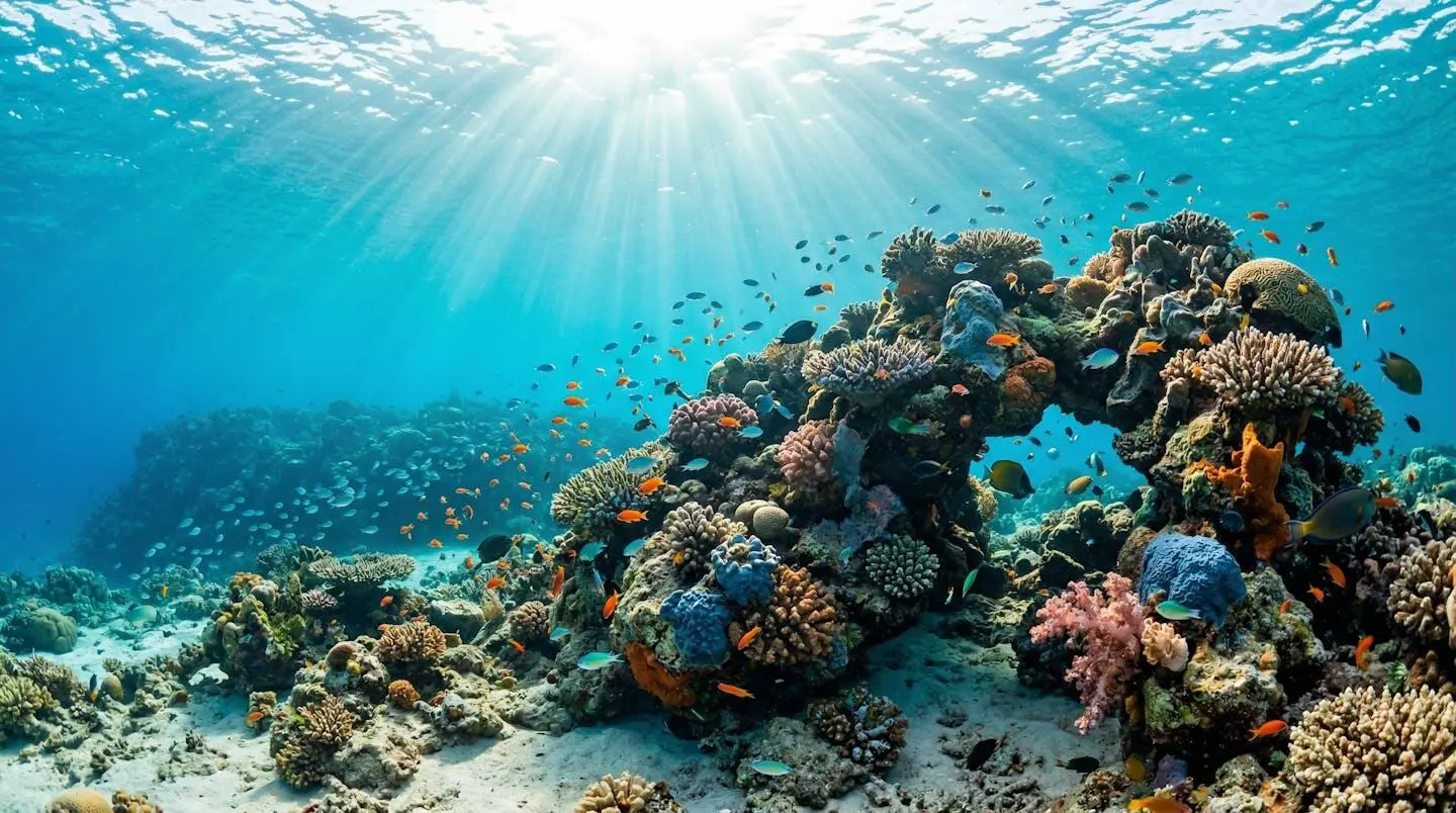 Scène sous-marine en grand-angle montrant un récif corallien avec formation rocheuse et petits poissons tropicaux dans une eau turquoise lumineuse