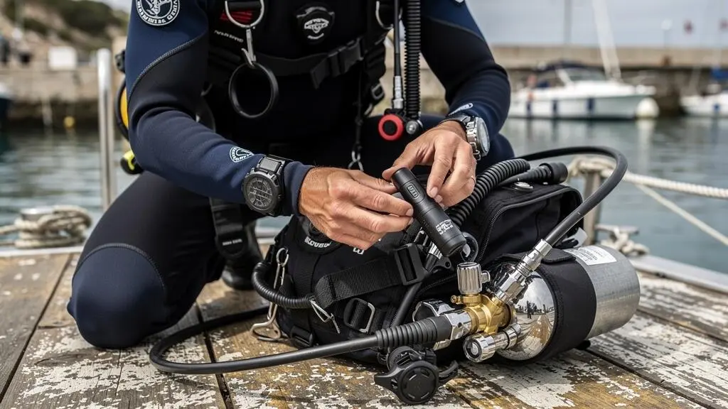 Plongeur installant une sonde de pression sans fil sur le premier étage d'un détendeur avant une plongée
